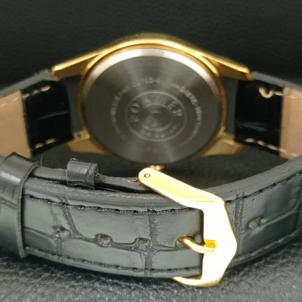 Vintage 1978 Roamer Manual Mens Gold Watch W/Leather Strap & Green accents